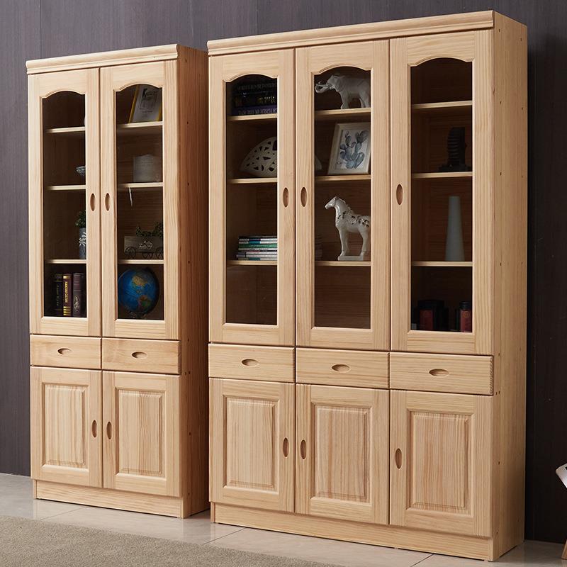 松木书柜全实木两门三门书柜组合带玻璃门简约现代儿童收纳书橱柜