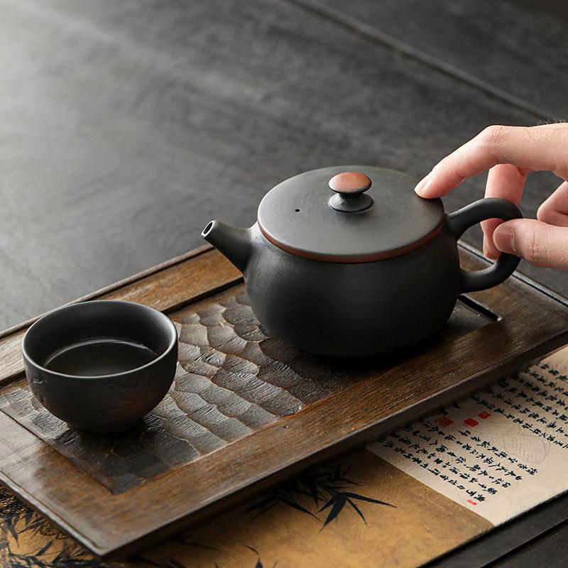 原矿紫陶素面黑汉瓦壶200ml名家大师纯手工高档泡茶壶中式紫陶壶