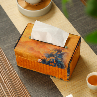 宋锦纸巾盒古典印花竹编抽纸盒家用小号中式客厅茶几餐巾纸收纳盒