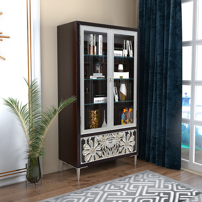 轻奢书柜实木组合置物书架书房一体高柜I落地带玻璃门展示柜储物