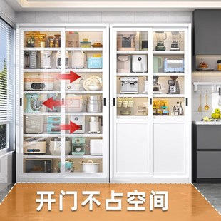 家用厨房置物架防尘碗碟收纳柜阳台储物柜多功能微波炉推拉门橱柜
