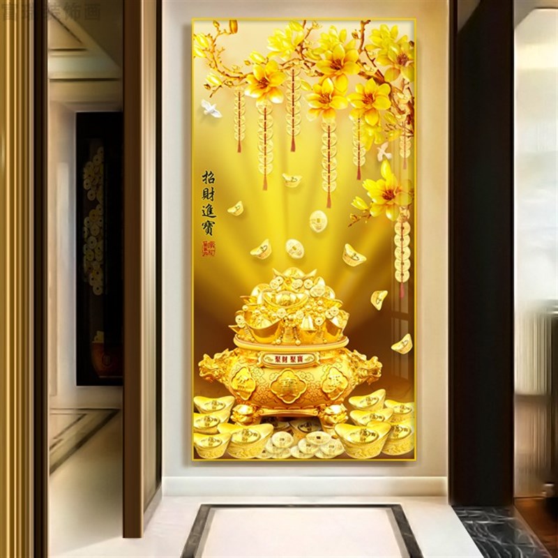 迎客松发财树新中式烤瓷玻璃带框成品玄关装饰画挂画艺术画定制画图片