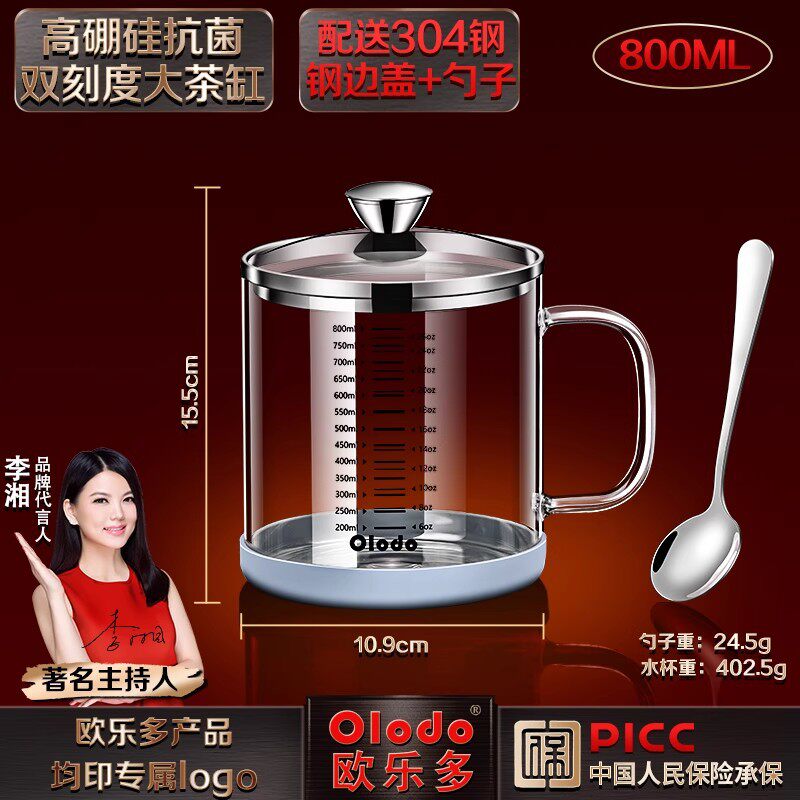 大容量高硼硅玻璃水杯带盖口杯茶缸办公室泡茶耐高温杯子带双刻度