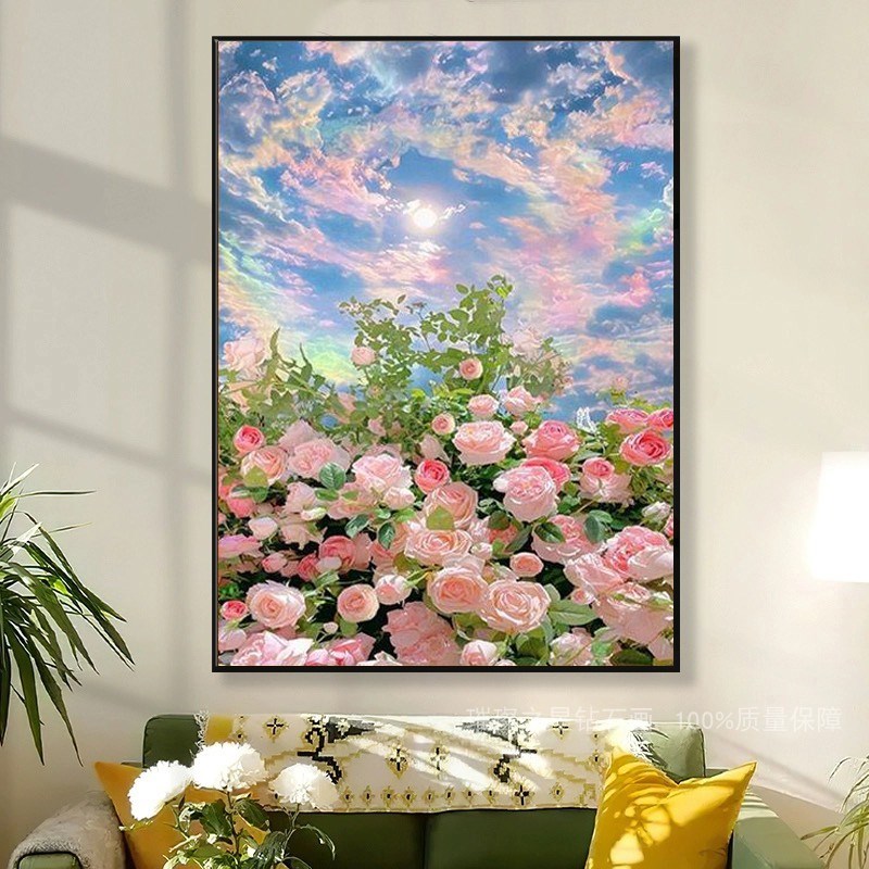 治愈系风景钻f石画2024新款满钻粉色玫瑰花5d点贴钻十字绣客厅卧