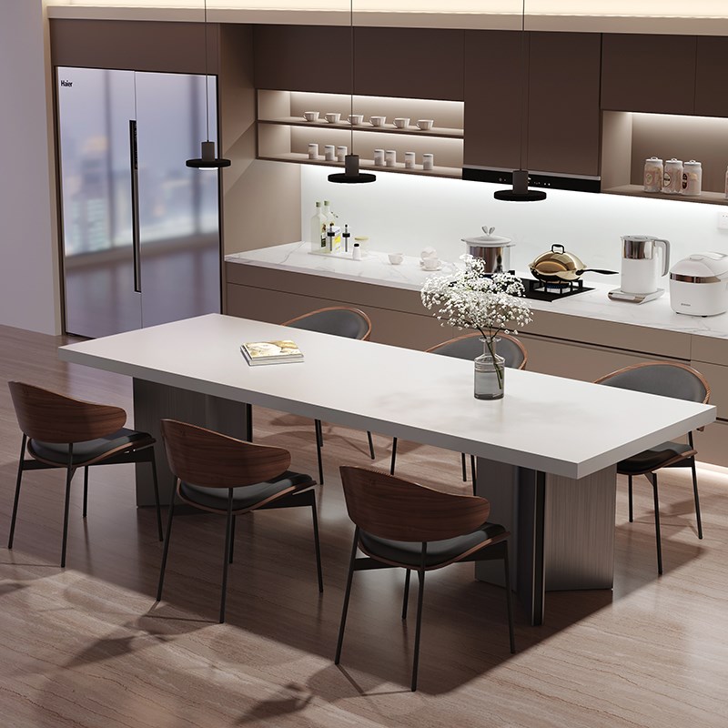 简约现代侘寂风复古纯白下挂加厚岩板餐桌椅组合长方X形大户型岛