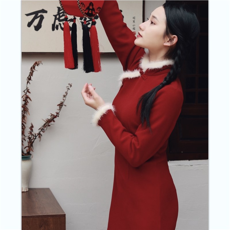 喵吉复古中式长袖订婚裙小u个子红色敬酒服改良旗袍过年连衣裙女