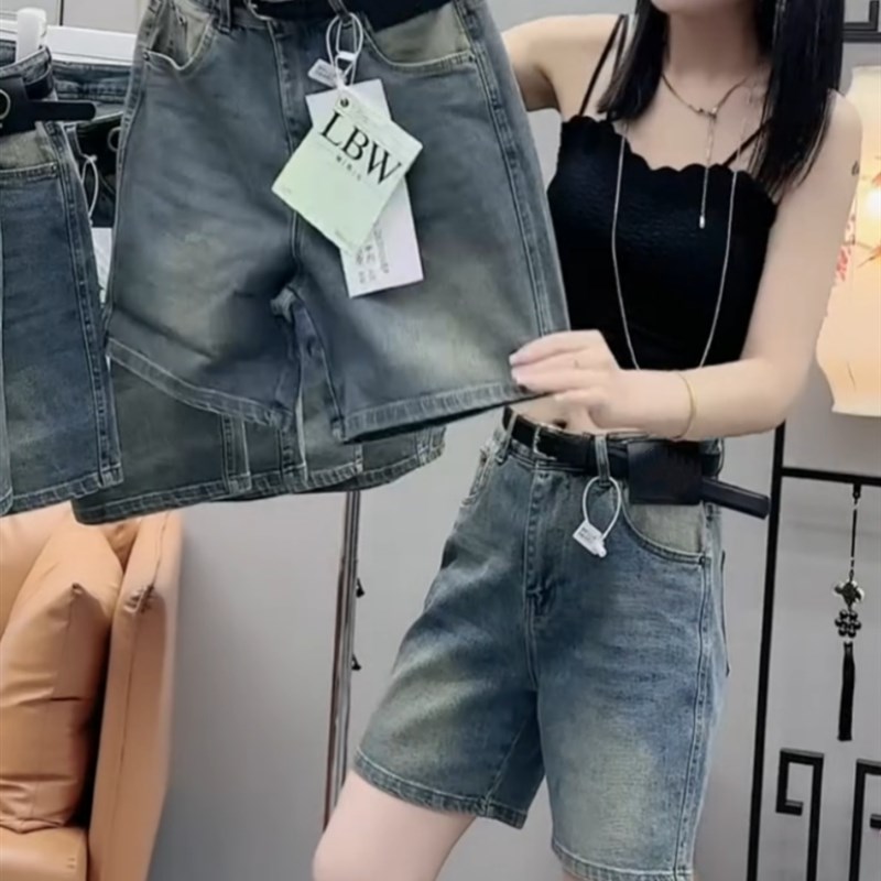 蓝色阔腿牛仔五分裤l子女2024夏季薄款大码梨形高腰宽松显瘦直筒