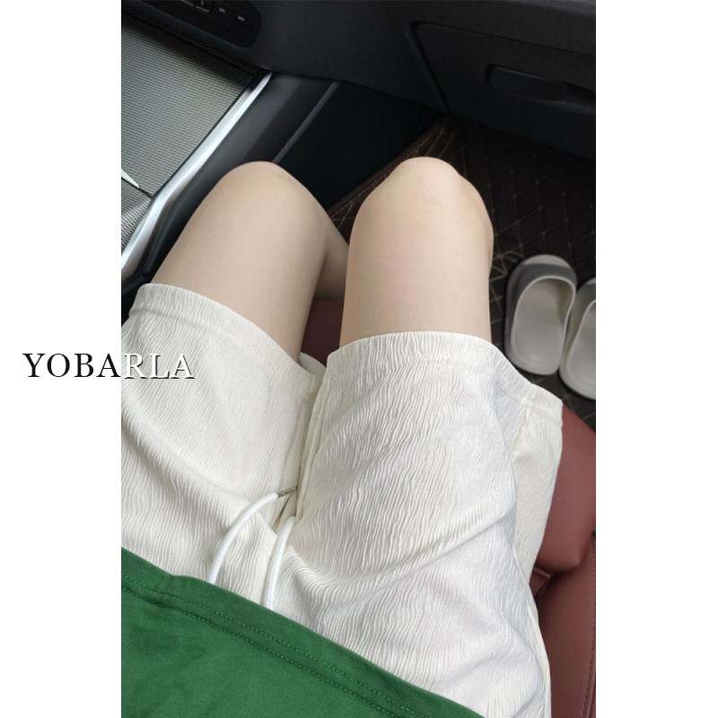 白色冰丝五分短裤女夏季薄款高x腰大码胖mm宽松显瘦阔腿运动休闲