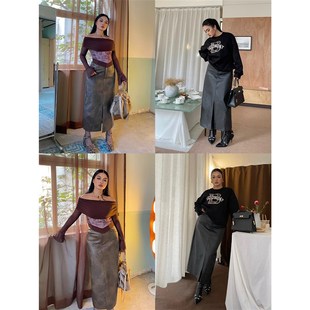 高腰中长款 楠哥微胖mm美式 大码 PU半身裙女秋季 开叉复古皮裙 B新款