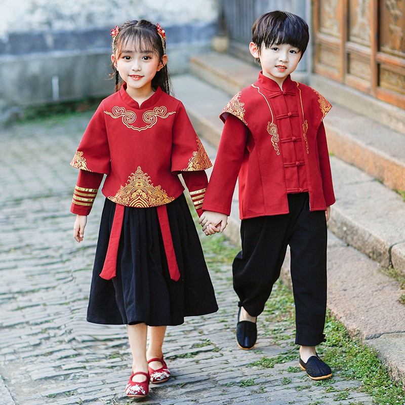 中国风汉服女童儿童校服表演服春秋小学生套装幼儿V园园服男童唐