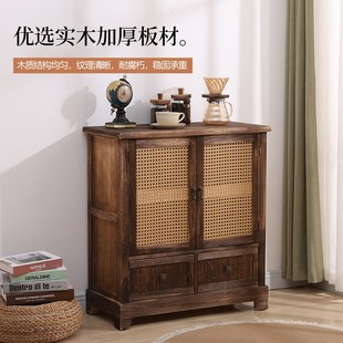 客厅柜简约餐边柜储物柜藤编H收纳边柜斗柜玄关柜阳台柜 复古美式