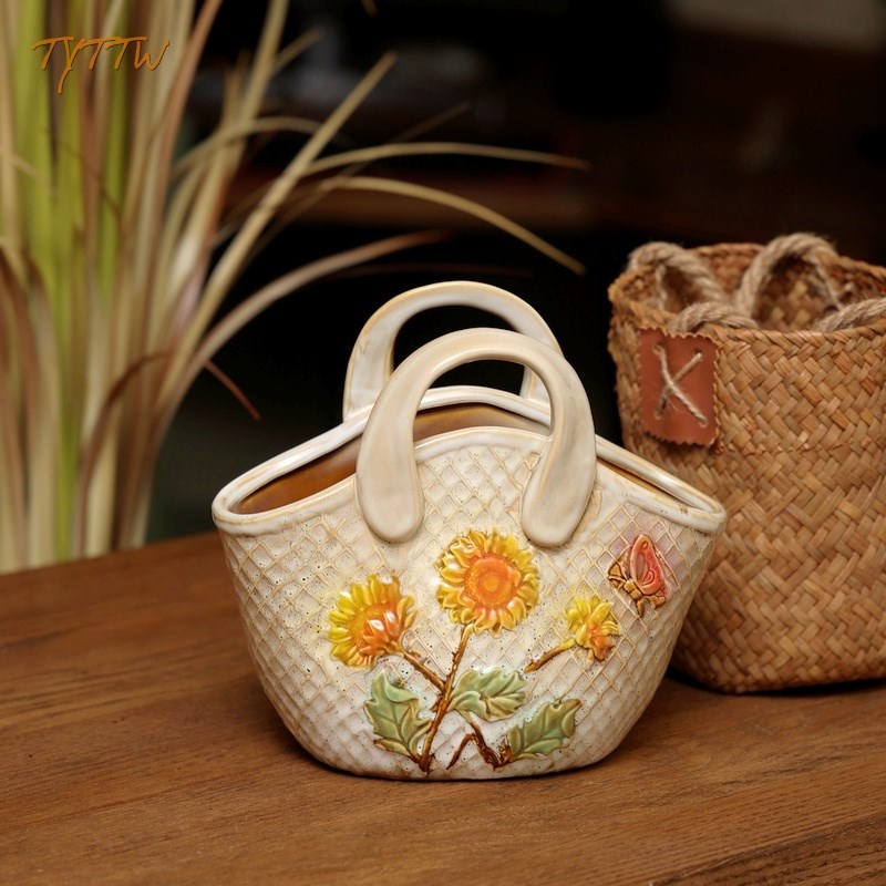 太阳花向日葵花h手提陶瓷花篮花盆创意个性小清新复古田园装饰摆