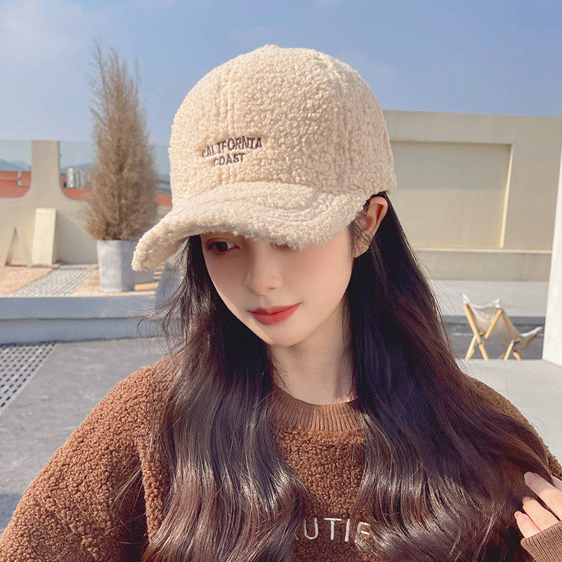 新款羊羔毛鸭舌帽女款女士秋冬季时尚百搭毛绒加厚保暖棉帽棒球帽