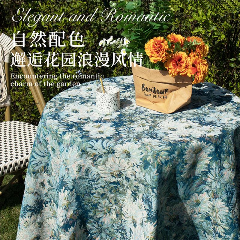 法式复古桌布棉麻布艺轻奢高级感圆形茶几油画向日葵圆桌防尘盖布