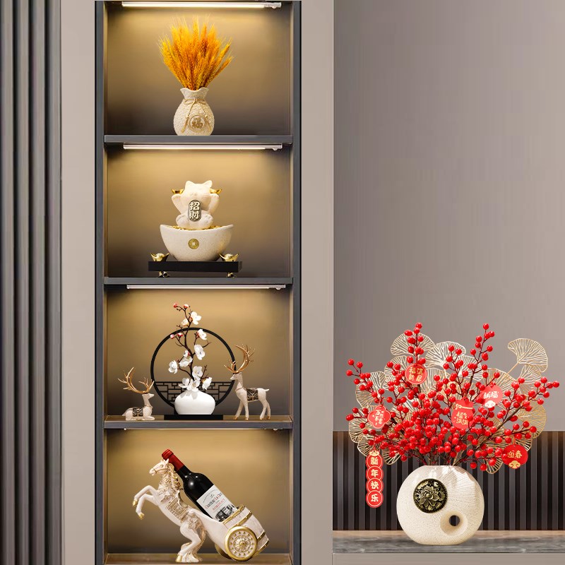 新中式202f4新年礼物摆件轻奢柿子富贵花瓶客厅酒柜电视柜乔迁礼