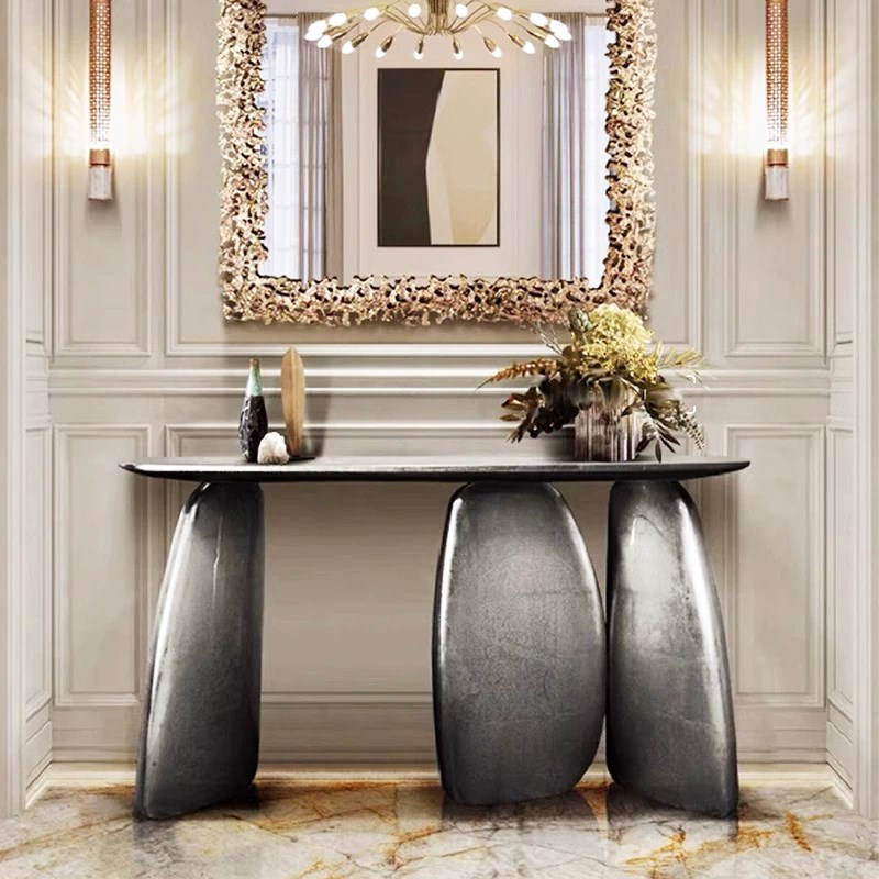 意式轻奢入户正对门高端别墅艺术玄关F桌设计师款入户靠墙极窄条