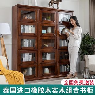 一体整墙客厅儿童防尘置物柜带玻璃门 全实木实木书柜家用书架美式
