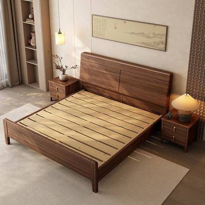 黑胡桃木新小中式实木床BFY-H52#全实木单人床现代简约双家用主户