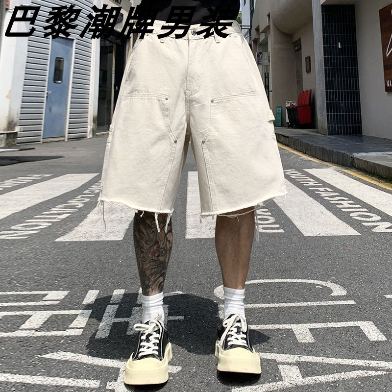 巴黎风美式复古毛边工装五分裤