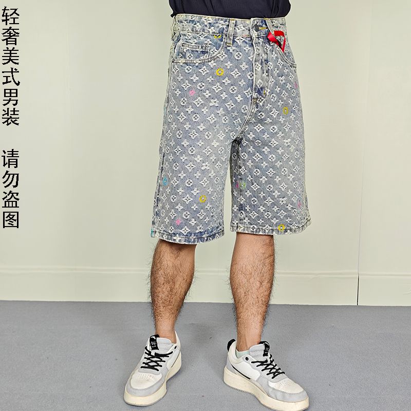 【日本冈山】美式潮牌老花提花L/V款牛仔短裤男直筒宽松五分裤,男装,短裤,淘宝优惠券,粉丝福利购,淘宝优惠卷