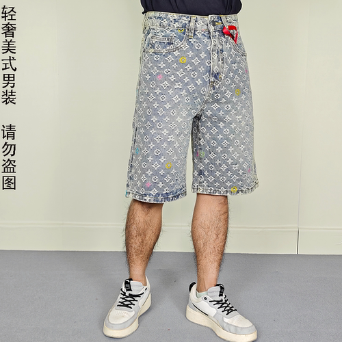 美式潮牌老花提花牛仔五分短裤