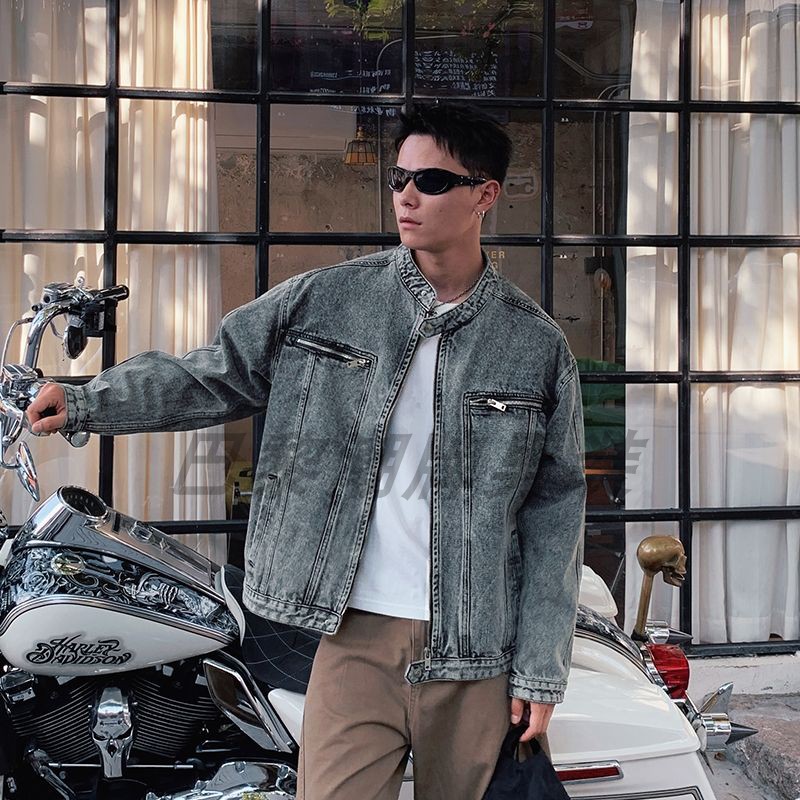 巴黎风格美式复古拼接牛仔外套