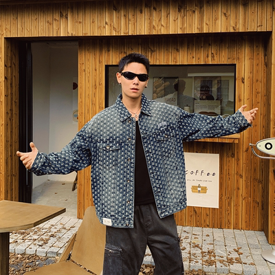 美式复古满印刺绣牛仔外套男