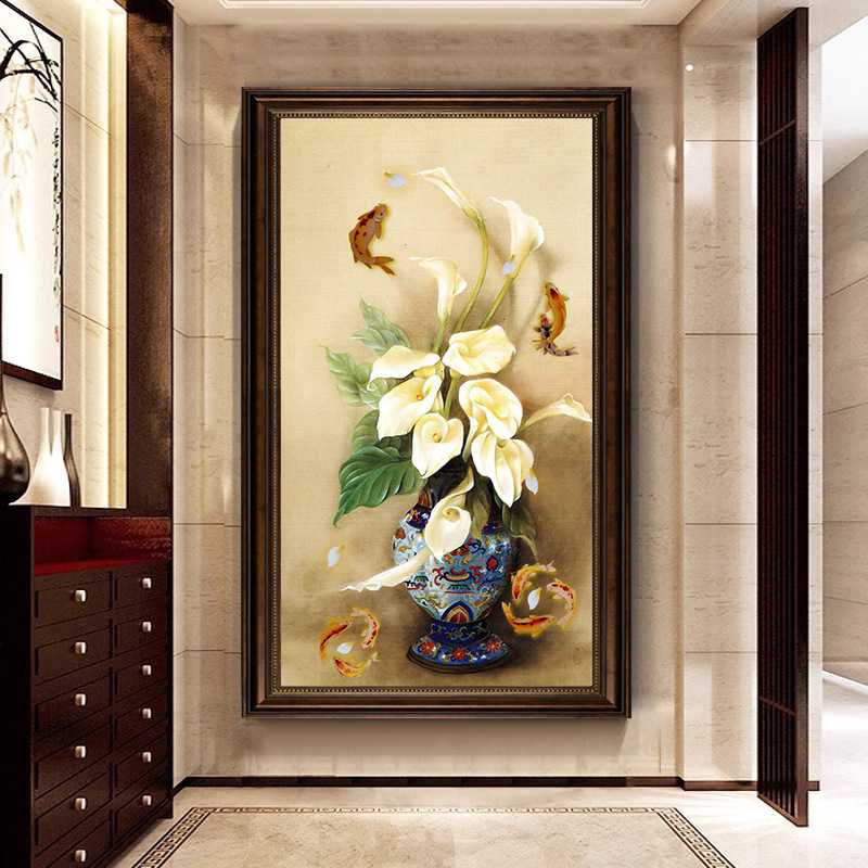 美式玄关客厅装饰画餐厅九鱼图挂画欧式复古花瓶油画走廊过道壁画图片