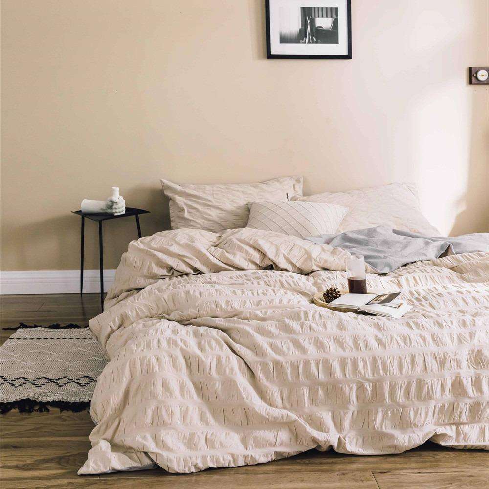 春夏全棉泡泡纱四件套素色简约全棉超柔裸睡床单被套1.51.8m床品