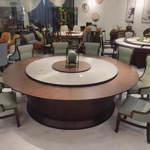 酒店餐桌电动大圆桌12人15人20现代实木仿岩板转盘带电磁炉新中式