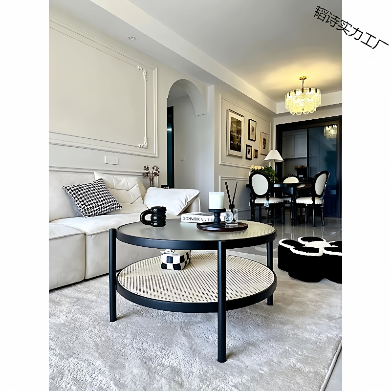 实木藤编长红玻璃茶几客厅家用小户型简约现代黑色复古侘