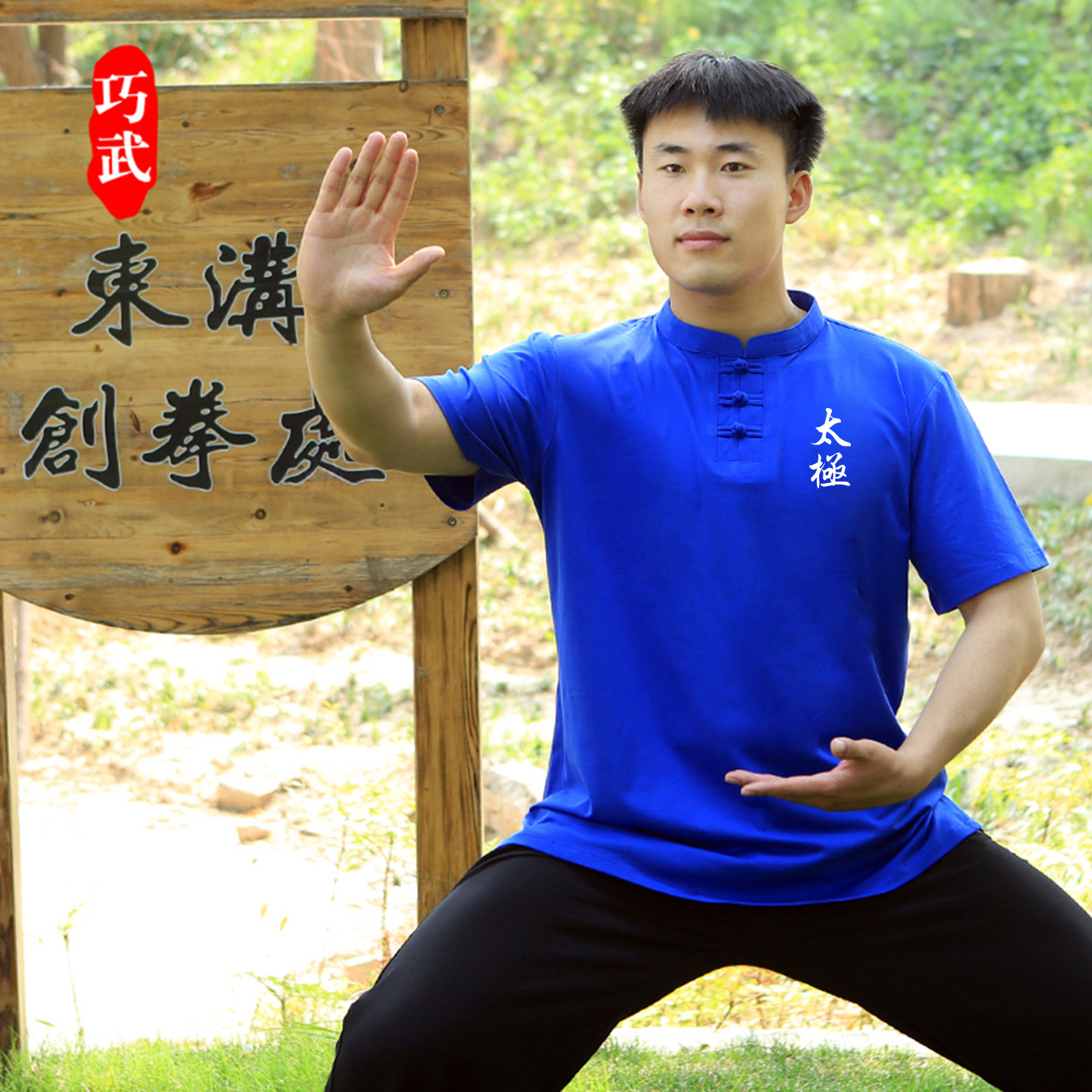 巧武2026新款宝蓝色纯棉短袖太极服男女武术八段锦文化衫练功服装
