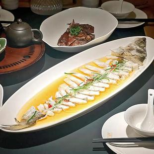 酒店中厨餐具鱼盘子清蒸椭圆形鱼盘清蒸红烧鱼碟陶瓷创意蒸鱼盘子