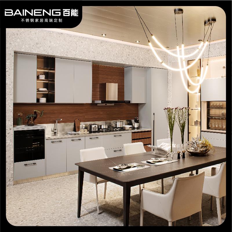 百能家用极简轻奢风橱柜定制厨房整体橱柜不锈钢台面多功能厨柜