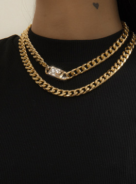 欧美饰品 嘻哈镶满钻锁扣头项饰 复古金属铝链条项链套装