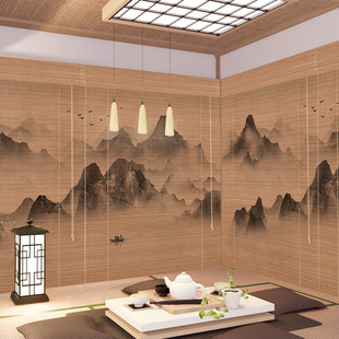 升降茶室隔断背景装 碳化山水风景画印花竹帘卷帘窗帘卷拉式 饰帘子