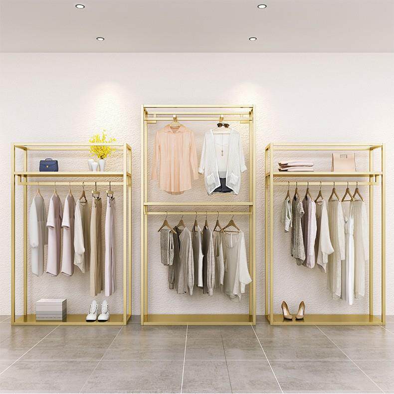 服装店展示架落地式女装店陈列货架金色铁艺架子双层挂衣架组合