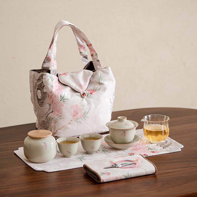 冰台手绘彩兰旅行茶具一碗两杯一罐收纳包收纳袋女士茶事包手提