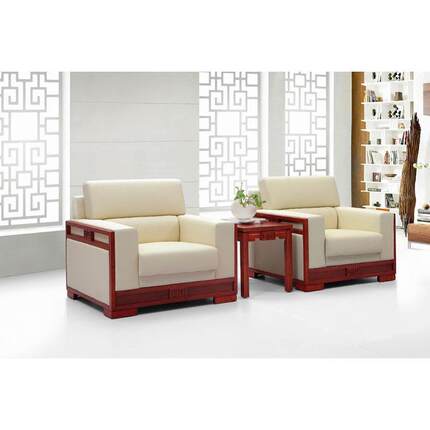 中式木扶手布艺VIP贵宾接待沙发商务会议会客单人位沙发茶几组合