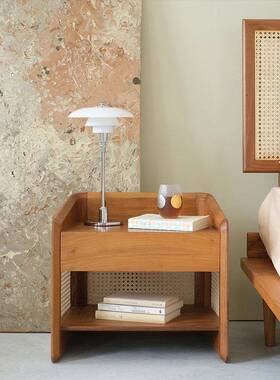 弄舍夏日床头柜北欧现代樱桃黑胡桃实木床边小柜子柚木藤编储物柜