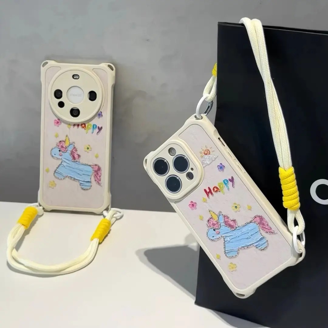 适用OPPORENO13手机壳12PRO油画独角兽Reno11/10可爱RENO9个性FINDX8PRO彩色四角挂绳A97高级真我GT7创意保护