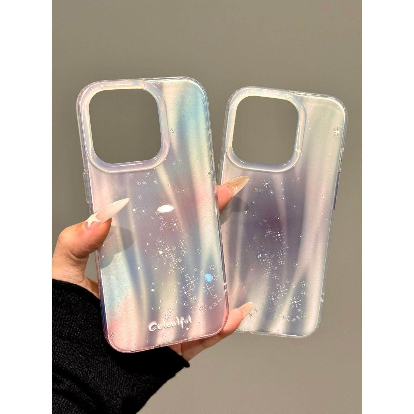韩系唯美渐变星空适用iphone16promax新款手机壳苹果15pro流星纹个性14pm/13可爱ins细闪灰粉12高级感保护套