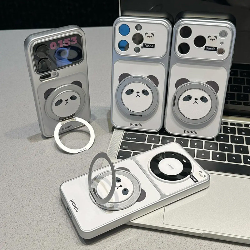 适用苹果17air手机壳iPhone16e熊猫旋转支架15卡通可爱14电镀秒变13/12pro简约11女x/xs/xr大视窗PLUS套max