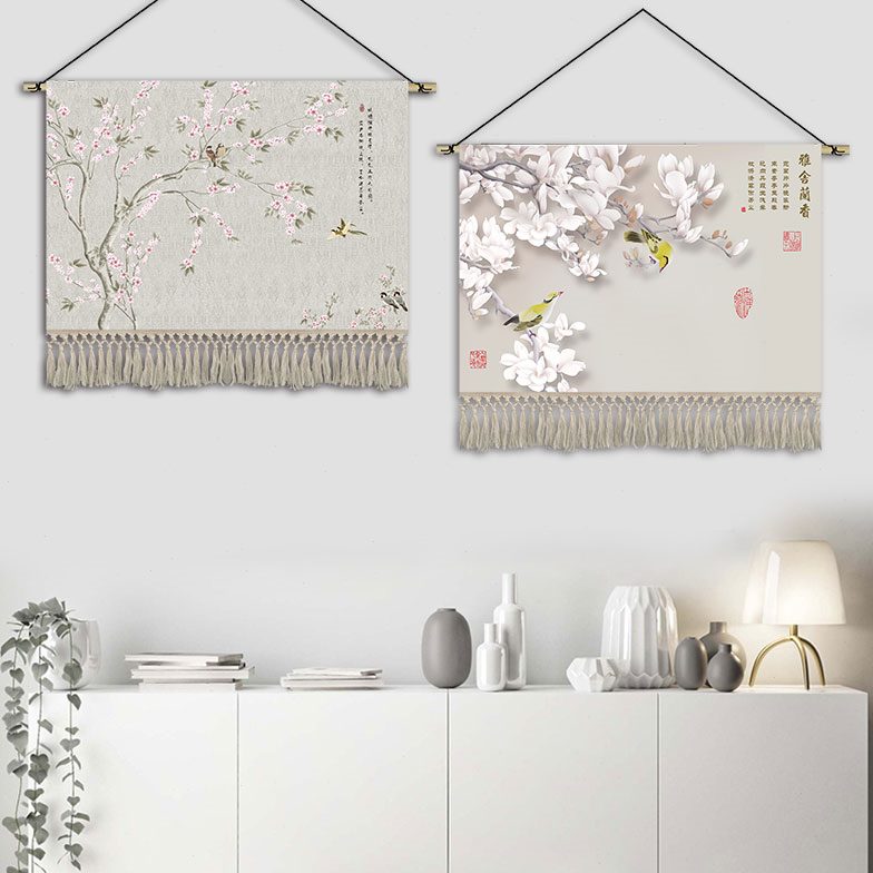 新中式花鸟挂画布艺卧室床头装饰画客厅背景墙挂布走廊挂毯布定制图片