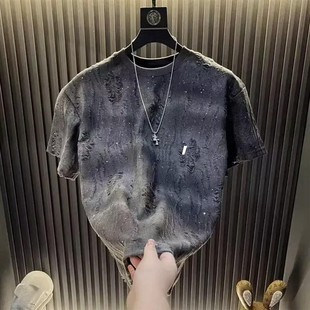 師凱服飾夏季 亮R片漸變破洞圓領(lǐng)T 潮流韓版 滿天p星輕o奢男v士半袖