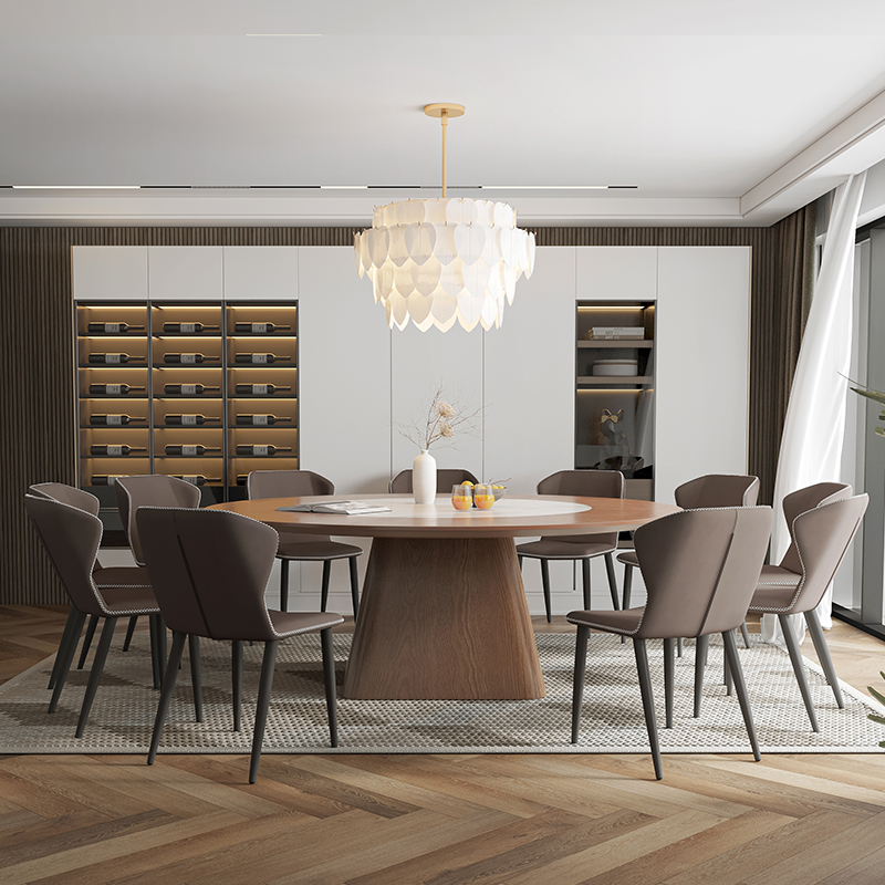 一米八大圆餐桌12人家用实木胡桃色带嵌入转盘圆桌中式大型圆餐桌