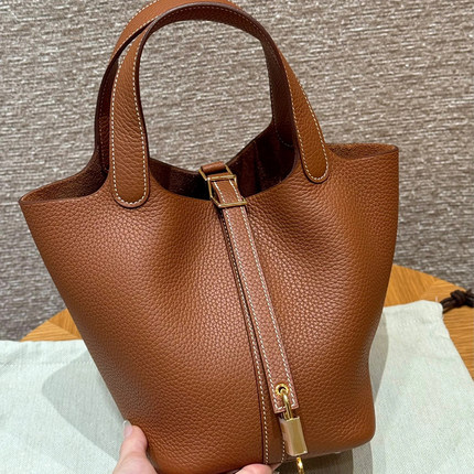 高端定制纯手工蜡线TC牛皮菜篮子包18/22荔枝纹琳迪包手提水桶包