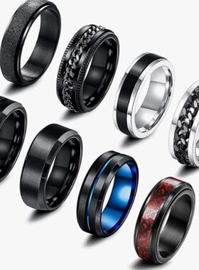 2024跨境电商亚马逊新款转动压套装戒指黑色士不锈钢指环饰品