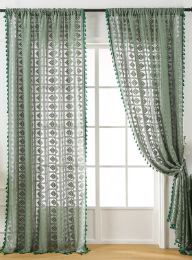 绿色复古飘窗窗帘美式复古客厅卧室餐厅书房绿色方格碎花成品窗帘