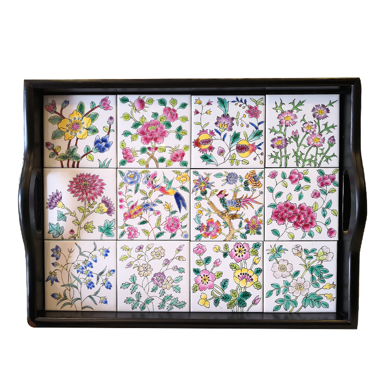 高两河纯手绘新中式美式青花粉彩瓷片拼接茶具茶盘陶瓷青花瓷托盘